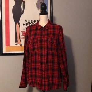 Red and black long sleeve top with buttons